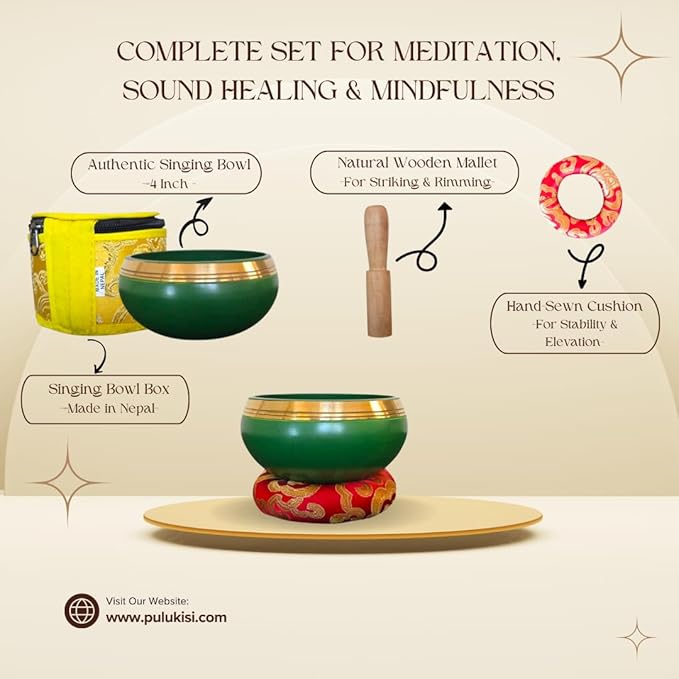 4” Tibetan Singing Bowl Set – Includes Handmade Cushion, Wooden Mallet & Hand-Stitched Case – Chakra Healing, Meditation Sound Bowl – Made in Nepal (Green) - Bloomnest