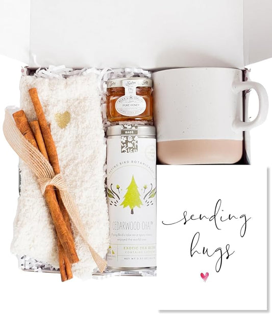 Unboxme Sending Hugs Get Well Gift Basket & Care Package for Women - Self Care Gift Box with Fuzzy Socks, Ceramic Mug, Chai Tea, Honey & Cinnamon - Bloomnest