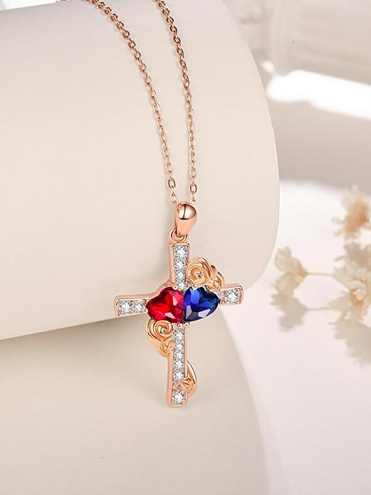Rose Gold Dual Birthstones Cross Necklace for Women Rose Flower Jewelry Anniversary Christmas Mother's Valentine's Day Birthday Gift for Wife Girlfriend Mom - Bloomnest