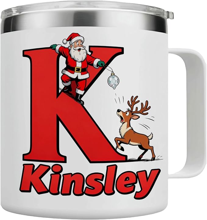 Personalized Christmas Mug with Name Initial - Custom Santa Reindeer 12oz Insulated Stainless Steel Coffee Cup Tumbler with Handle & Lid - Fun Holiday Xmas Gifts for Kids, Women, Men, Family (B150) - Bloomnest