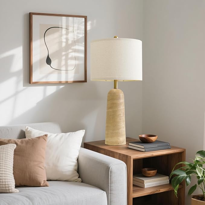 BOBOMOMO 27.25" Modern Table Lamp Set of 2, Beige Resin Lamp with Natural Stone Look, Travertine Lamps for Living Room with Linen Shades, Bedside Lamp for Bedroom, Living Room, Nightstand, Entryway - Bloomnest