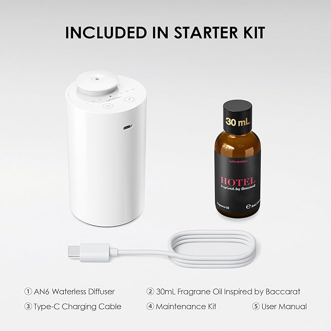 Airversa Waterless Essential Oil Diffuser Starter Kit with 30mL Hotel Fragrance Oil Inspired by BaCRT, Battery Operated Car Diffuser, Portable Aroma Nebulizer for Home Car Office, AN6Kit-4, White - Bloomnest