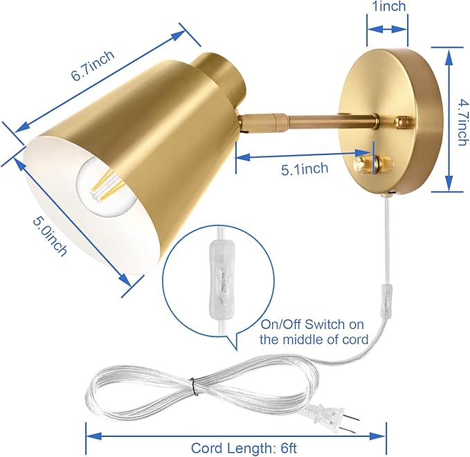 Plug in Wall Sconces, Dimmable Wall Sconces Adjustable Angle Wall Lights with Plug in Cord and Dimmer On/Off Knob Switch, Gold Wall Mounted Light for Bedroom Bedside Stairway(2 Pack, 2 Bulbs) - Bloomnest