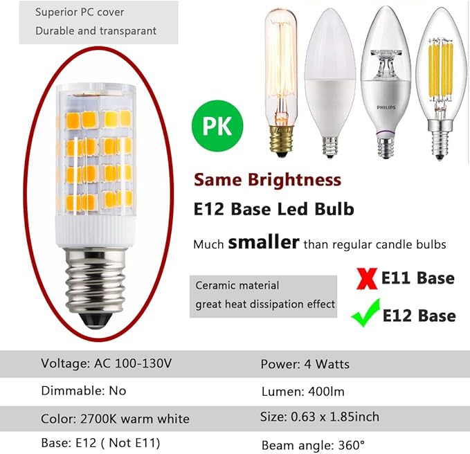 KAKEMONO E12 LED Candelabra Light Bulbs 4W, 40W Halogen Equivalent, Warm White 2700K C7 T4 120V for Ceiling Fan, Chandelier, Pendant Lighting, Salt Lamp - Non-dimmable, 2 Pack - Bloomnest