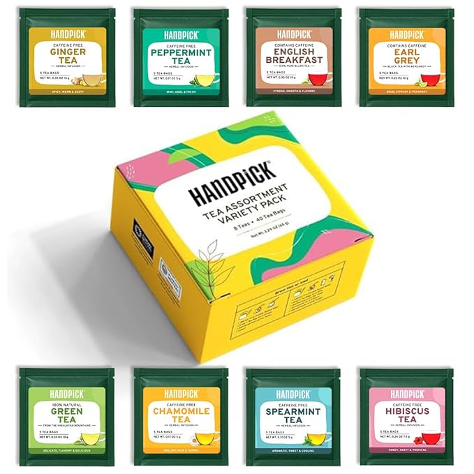 HANDPICK, Tea Bags Sampler Assortment Variety pack Gift Box 8 Flavors, 40 Tea Bags - Perfect Variety | English Breakfast, Green, Black, Herbal & More | Gifts for Him/Her - Bloomnest