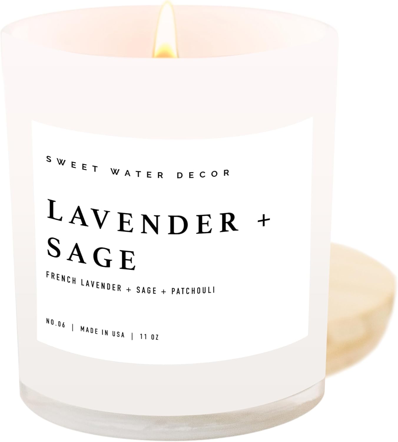 Sweet Water Decor Lavender and Sage Candle - Soy Candle for Home - Lavender, Sage, Patchouli Spa - 11oz White Jar with Wood Lid, 50+ Hour Burn Time, Made in The USA