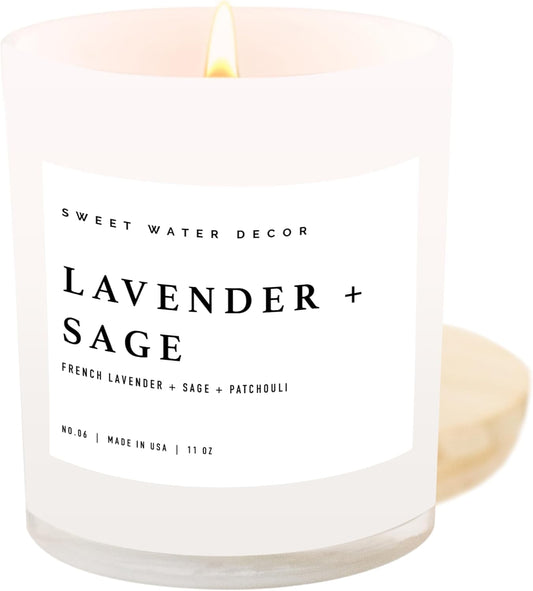Sweet Water Decor Lavender and Sage Candle - Soy Candle for Home - Lavender, Sage, Patchouli Spa - 11oz White Jar with Wood Lid, 50+ Hour Burn Time, Made in The USA