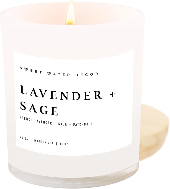 Sweet Water Decor Lavender and Sage Candle - Soy Candle for Home - Lavender, Sage, Patchouli Spa - 11oz White Jar with Wood Lid, 50+ Hour Burn Time, Made in The USA - Bloomnest