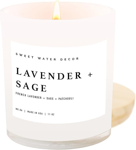 Sweet Water Decor Lavender and Sage Candle - Soy Candle for Home - Lavender, Sage, Patchouli Spa - 11oz White Jar with Wood Lid, 50+ Hour Burn Time, Made in The USA - Bloomnest