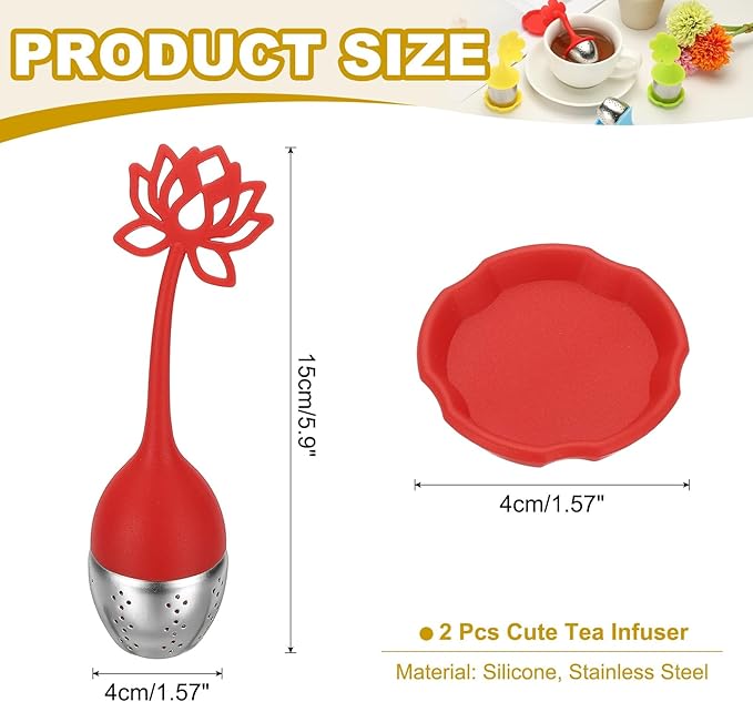 uxcell 2 Pcs Lotus Tea Infuser, Stainless Steel Loose Leaf Tea Steeper Filter with Silicone Handle Reusable Coarse Pores Mesh Strainer Diffuser for Teacups Teapots Mugs, Red - Bloomnest