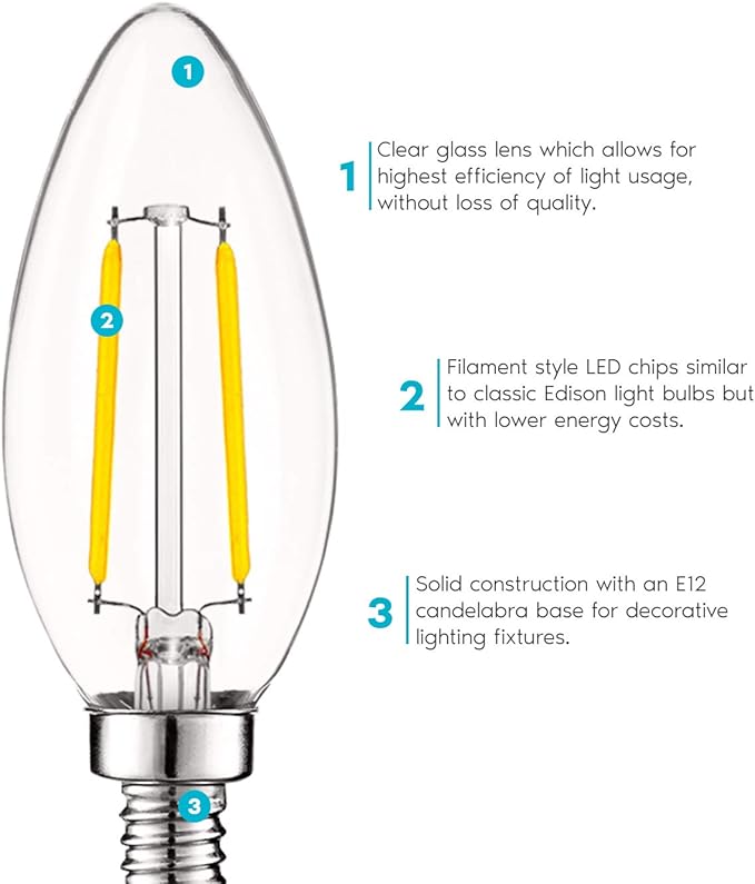 LUXRITE 4W Vintage Candelabra LED Bulbs Dimmable, 400 Lumens, 4000K Cool White, LED Chandelier Light Bulbs 40W Equivalent, Clear Glass, Filament Candle Bulb, UL Listed, E12 Base (12 Pack) - Bloomnest