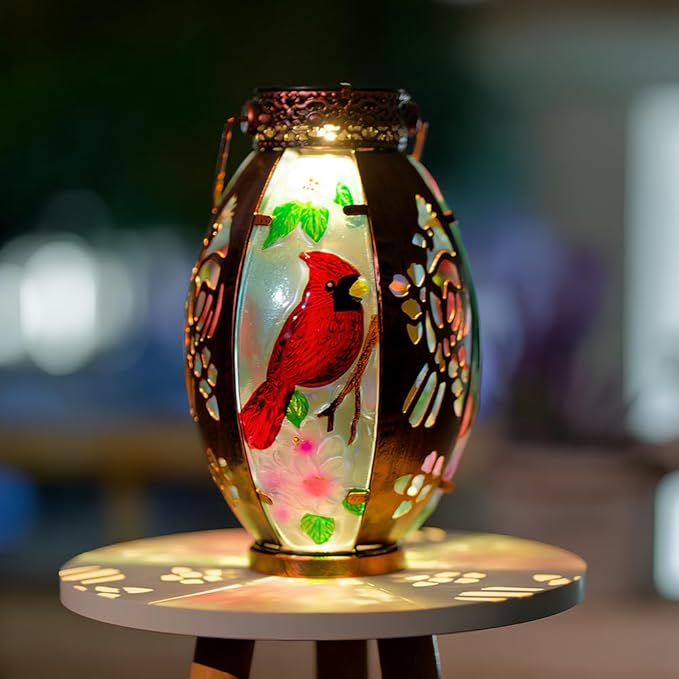Starsoul Cardinal Outdoor Solar Lantern - Metal & Stained Glass Cardinal Solar Light, Waterproof Tabletop Lamp with Hollowed-Out Design for Yard, Patio, Garden, Pathway - Bloomnest