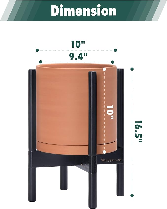 D'vine Dev Terracotta Planter with Ebony Stand - 10 Inch Modern Round Flower Pot with Wood Planter Holder, Terracotta, 55-B-L-5 - Bloomnest