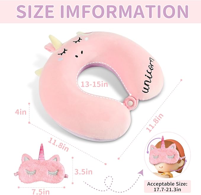 Neck Travel Pillow for Kids, Unicorn Airplane Memory Foam Pillow with Cute Sleep Mask & Earplugs, Lightweight Travelling Sleeping Pillow Set for Car, Train, Bus and Home Use (Pink) - Bloomnest
