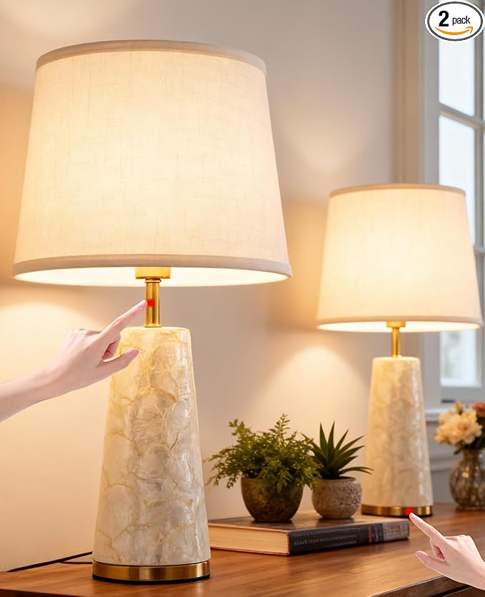 Coastal Table Lamps for Bedroom Nightstand Set of 2, Touch Control Ocean Beach Nautical Seashell Lamp, Modern Sea Shell Bedside Night Stands Light for Beachy Cottage Farmhouse Decor (Gold) - Bloomnest