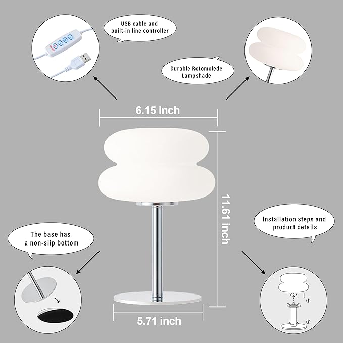 Vintage Table Lamp for Bedroom, Mid Century Modern Dimmable Night Light, Aesthetic Egg Tart Desk Lamp, Cozy Ambient Lighting for Living Room & Home Decor (White, Not-Glass) - Bloomnest
