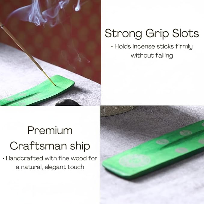 Bless-International Traditional-Handmade-Burner Wooden-Incense-Stick-Holder Ash-Catcher-Stand for-Aromatherapy-Meditation-Yoga (Earth Green) 10 Inches, Pack of 2 - Bloomnest
