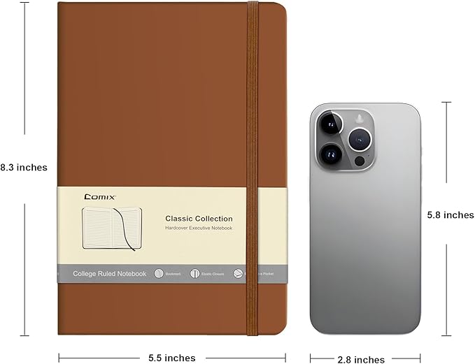 Comix Lined Journal Notebook for Women Men, Journaling Notebooks for Office School Home, Brown, 240 Pages, 5.5" x 8.3", College Ruled, A5, Hardcover - Bloomnest