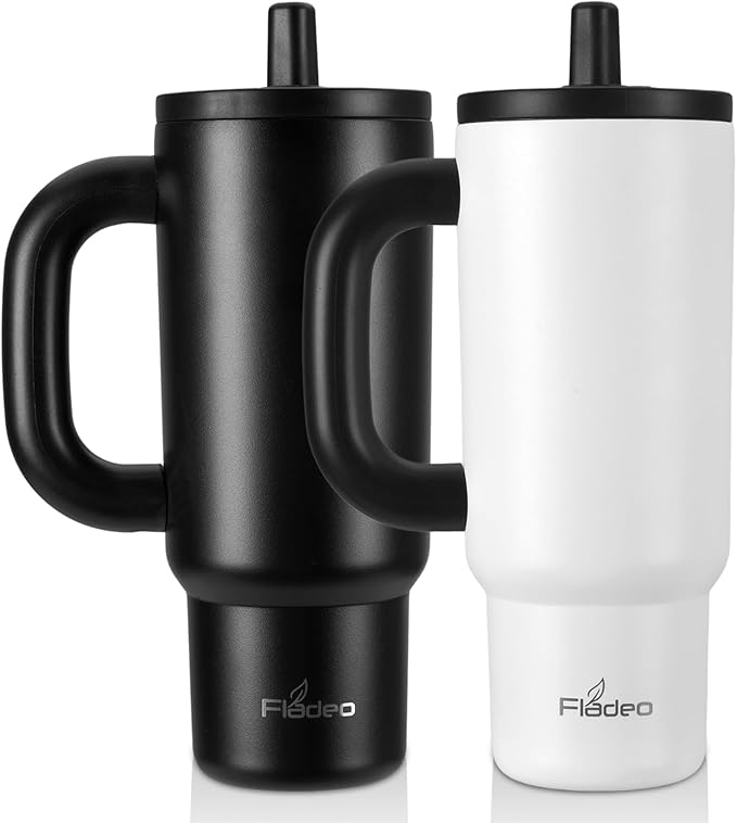 2 Pack 24oz Tumbler with Handle and Straw | Insulated Stainless Steel Travel Mug, Leakproof Lid Double-Wall Vacuum Cup for Hot & Cold Beverages - Fits Cup Holder, for Coffee, Tea, Water, White & Black - Bloomnest