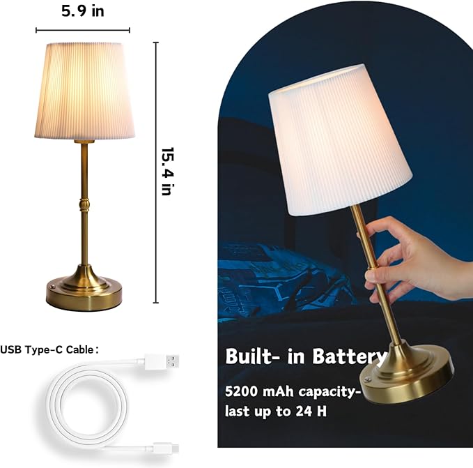 Rechargeable Table Lamp, Cordless Touch Lamps, Portable Desk Light with Stepless Dimmable Brightness & Fabric Shade for Nightstand Bedside Living Room (Gold, Twill) - Bloomnest