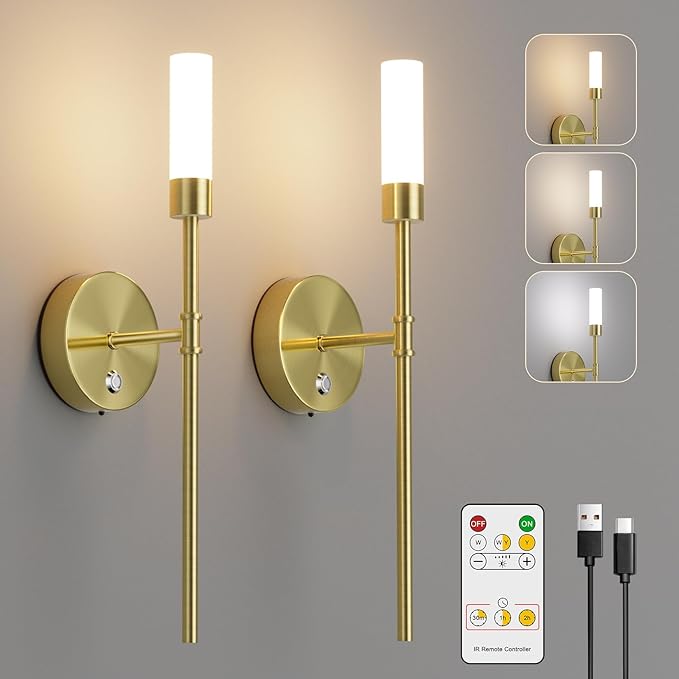 Gold Battery Operated Wall Sconces Set of Two,6000mAh Rechargeable Wall Sconce 3 Colors Stepless Dimming Wireless Wall Lights with Remote Control for Bedroom,Living Room - Bloomnest