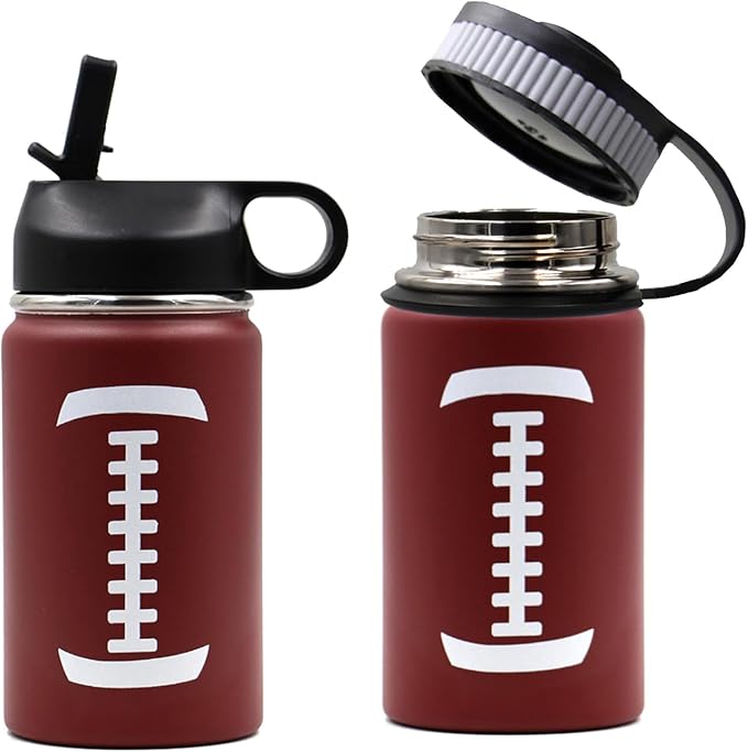 12 oz Football Water Bottle with Straw, Sports Flask Metal Travel Tumbler with 2 Lids, Stainless Steel Double Wall Vacuum Insulated Leak Proof Thermo Water Bottles, Football Gear Gifts for Boys Girls - Bloomnest