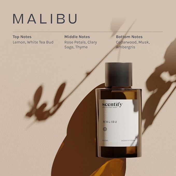 Scentify Malibu Aroma Oil Refill Scent for Oil Diffusers - Lemon, White Tea, Thyme, Cedar, Musk Scents - Luxurious Relaxing Aromatherapy Diffuser Fragrance 100ml, 3.38 oz Scentify