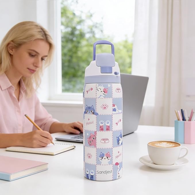 Gift for Cat Lover Stainless Steel Water Bottle, Vacuum Insulated, Push-Button Lid, 32 oz for Cat Mom Women Girls Friends Teens Birthday Christmas SANDJEST