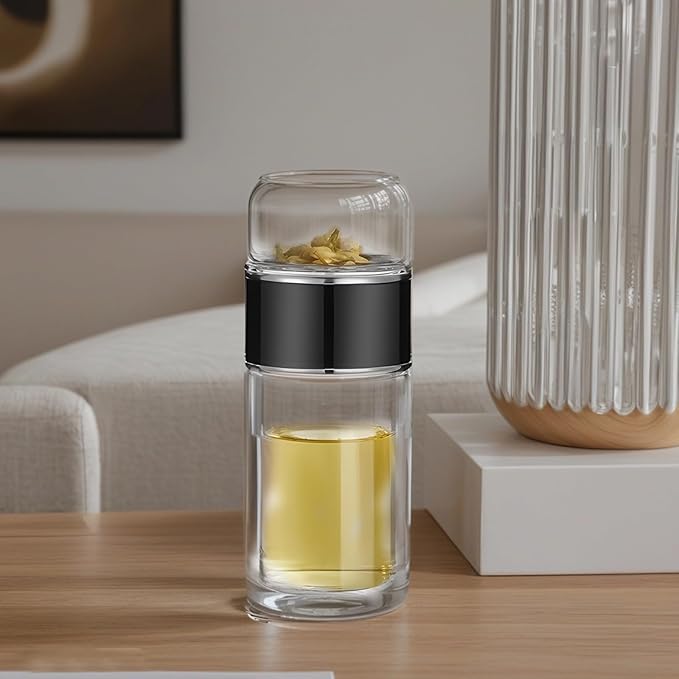 Double Wall Tea Tumbler, 16.9 Oz, Borosilicate Glass, With Infuser, Heat Resistant, Black - Bloomnest