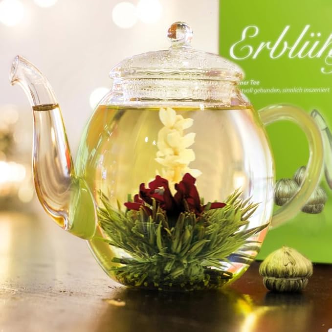 Creano Blooming Tea Gift Set with Glass Teapot 17oz (500ml) - Green Tea Fruity Flavoured Tea Flowers in 6 Varieties - Flowering Tea Gift for Easter - Bloomnest