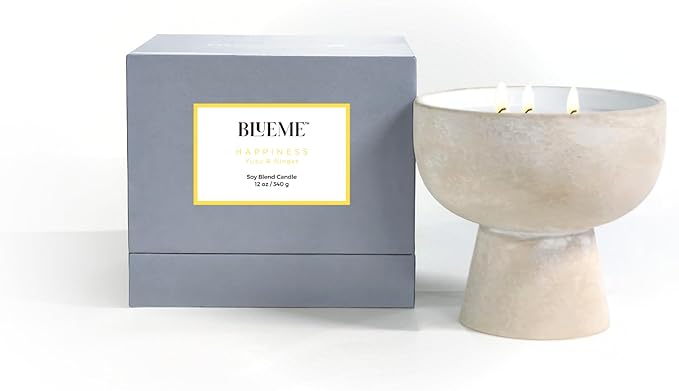 BLUEME Happiness - Yuzu & Ginger, Luxury Candle w/Essential Oils, 3 Wick, Hand-Poured Soy, Cotton Wick, Ceramic - Bloomnest