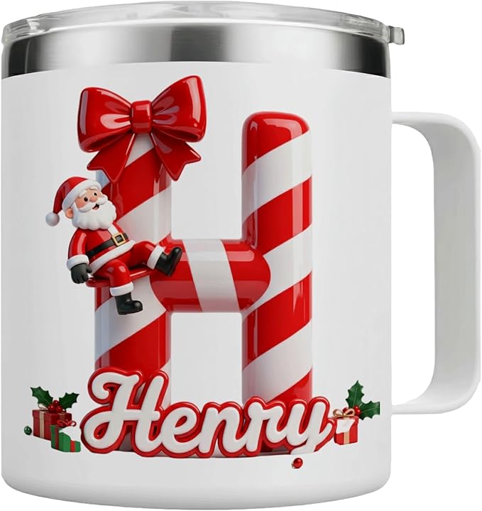 Personalized Christmas Mug | Custom Candy Cane Initial Insulated Cup with Handle & Lid | 12oz Holiday Tumbler, Cute Santa Gift for Kids, Boys & Girls (B36) - Bloomnest