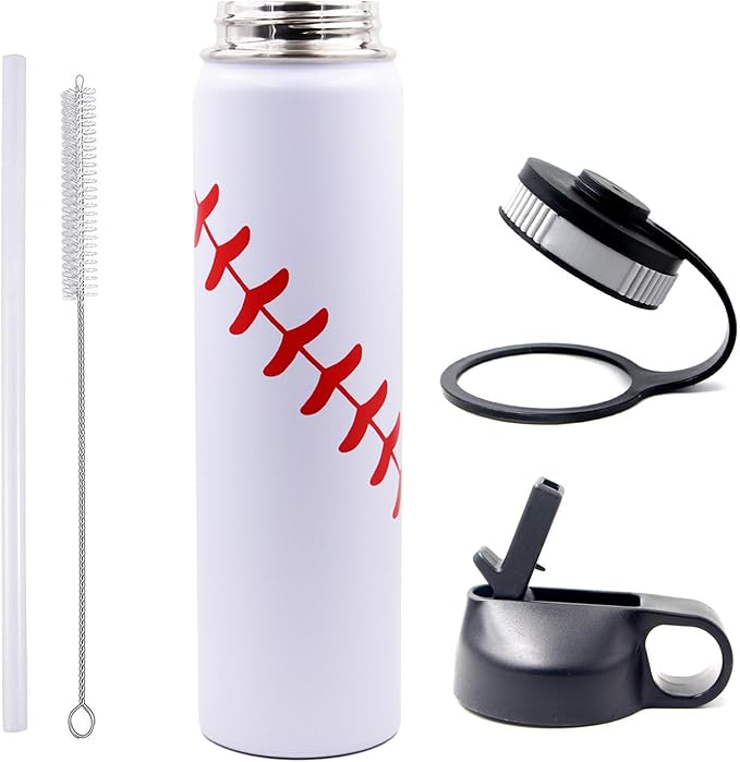 25 oz Baseball Water Bottle, Sports Flask Metal Travel Tumbler with 2 Lids, Stainless Steel Double Wall Vacuum Insulated Leak Proof Thermo Water Bottles, Baseball Accessories Gifts for Mom Boys Girls - Bloomnest