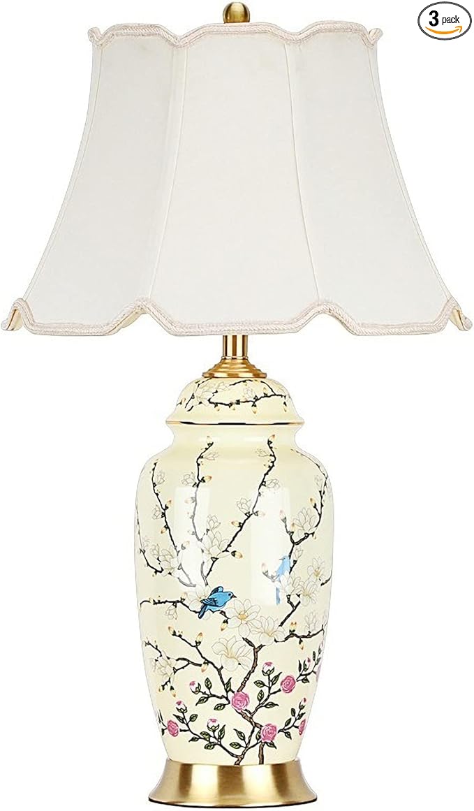 Flower Bird Ceramic Table Lamp, Rustic Vintage White 26.7" Tall Coastal Bedside lamp, Ceramic Lamp Body with Fabric Tapered Drum Shade for Living Room Bedroom House Bedside Nightstand Home - Bloomnest
