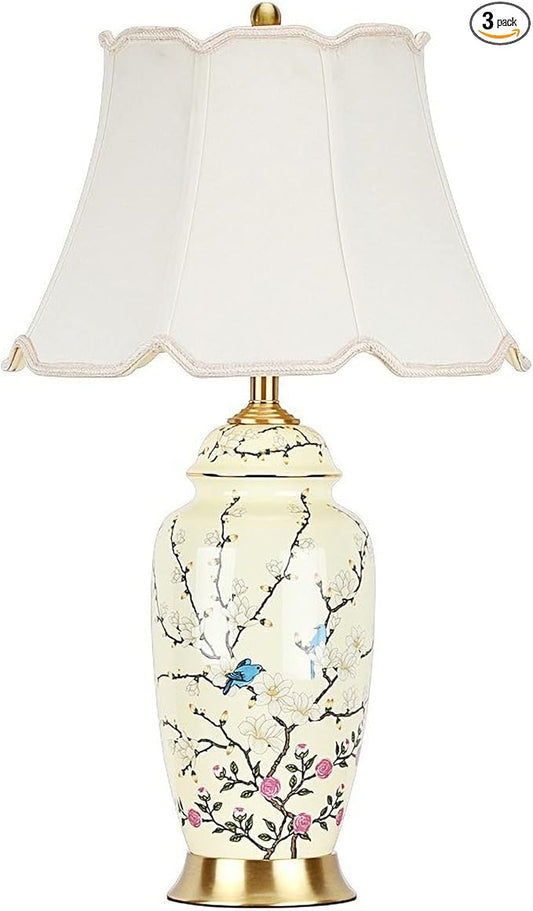 Flower Bird Ceramic Table Lamp, Rustic Vintage White 26.7" Tall Coastal Bedside lamp, Ceramic Lamp Body with Fabric Tapered Drum Shade for Living Room Bedroom House Bedside Nightstand Home - Bloomnest