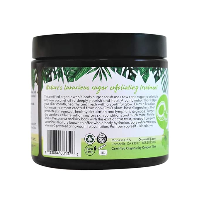 Organic Fiji Whole Body Scrub - Infused with Coconut Oil, Exfoliating Sugar Scrub for Smooth and Soft Skin, Exfoliates & Restores Skin's Natural Biosphere, Coconut Lime 20 oz