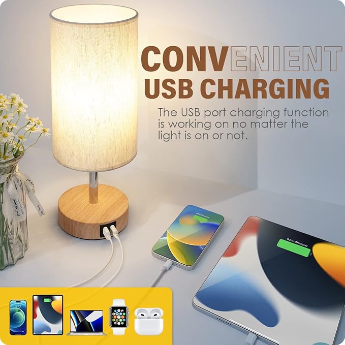 Yarra-Decor Bedside Lamps with USB Port - Touch Control Table Lamp for Bedroom Wood 3 Way Dimmable Nightstand Lamp Set of 2 with Round Flaxen Fabric Shade for Living Room, Dorm, Home Office (2 Pack) - Bloomnest
