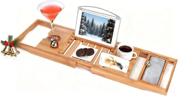 Utoplike Bamboo Bathtub Caddy Tray Bath Tray for Tub, Adjustable Bathroom Bathtub Organizer with Book Tablet Wine Glass Cup Towel Holder - Bloomnest