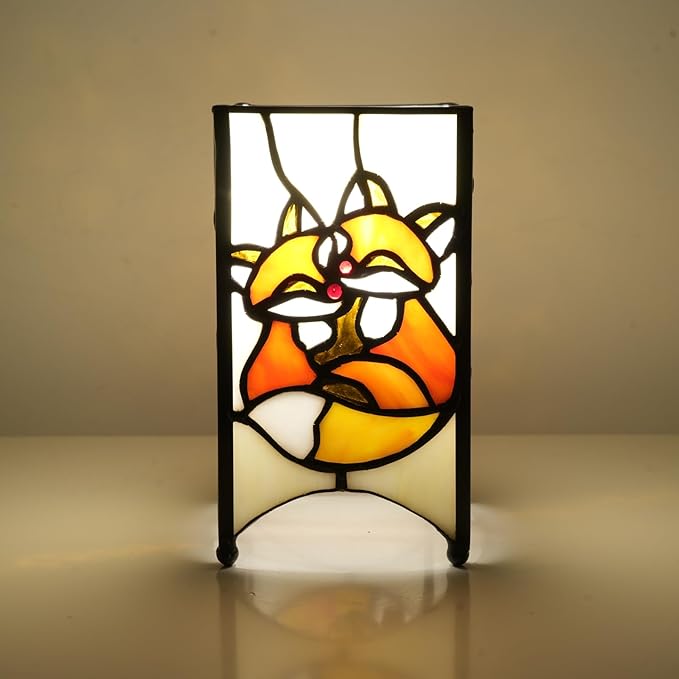 Tiffany Lamp Orange Stained Glass Table Lamp Small Foxes Animal Night Light Mini Retro Bedside Table Light for Home Decor Boys Girls Christmas Halloween Gifts - Bloomnest