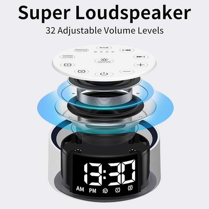 Sound Machine White Brown Noise Machine with 30 Sleeping Sounds for Baby Kids Adults Night Light Bedroom Alarm Clock 2 Alarms Backup Battery 32-Level Vol 15 Wake up Sounds for Mild Heavy Sleeper
