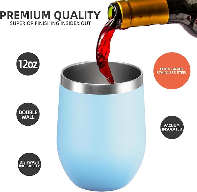 12 oz Insulated Wine Tumbler with Lid and Straw,Stainless Steel Stemless Wine Tumbler Double Wall Vacuum Wine Cups Tumbler Bulk for Coffee,Champaign,Cocktail,Office(Lavender/Cream/Pink/Baby blue) - Bloomnest
