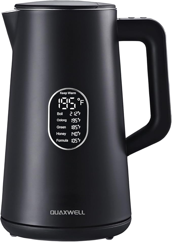 1.5L Electric Kettle Stainless Steel, Double Wall Cool Touch Teapot, Fast Boil,5 Temperature Control, LED Display, Auto Shut-Off, BPA-Free,Keep Warm Function, Ideal for Tea & Coffee,Black - Bloomnest