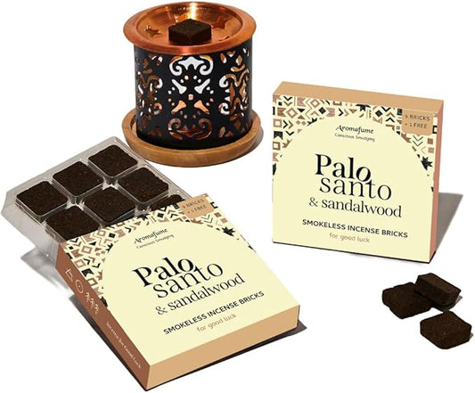 Palo Santo & Sandalwood Smokeless Incense Bricks & Taj Burner | 2 x 9 Bricks | Aromatherapy | Smudging | Made with Essential Oils | Natural Air fresheners for Home | Spiritual Meditation Accessories