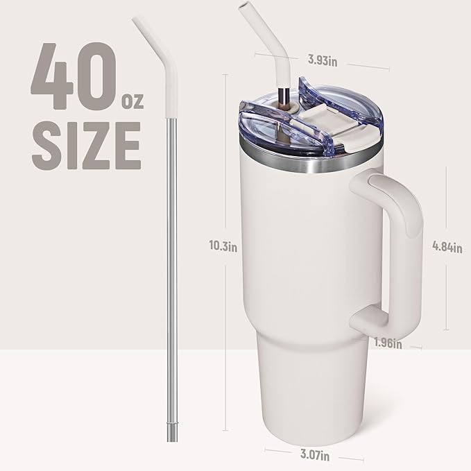 40 oz Tumbler With Handle and Straw Lid, Vacuum Insulated Travel Coffee Mug Stainless Steel Insulated Cup for Beverages, Leak-proof, Cupholder Friendly (Beige) - Bloomnest