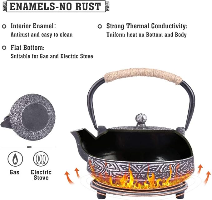 Cast Iron Teapot Set Japanese Style Tea Kettle with Infuser, Enameled Interior Cast Iron Tea Pot with 4 Teacup for Stove Top, Handmade Gift for Friend (28 Ounce, Black) - Bloomnest