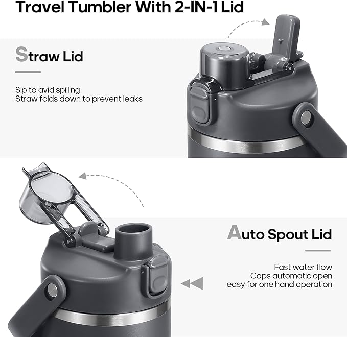32 oz Stainless Steel Tumbler with Handle and Straw, Vacuum Insulated Water Bottle with 2-in-1 Lid (Chug/Straw) and Silicone Boot，Keeps Drinks Hot and Cold - Bloomnest