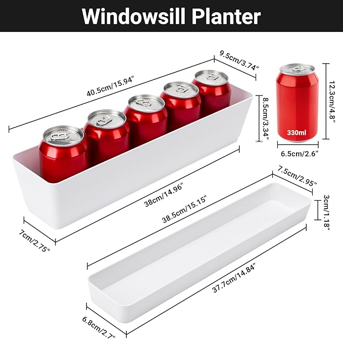 GREANER 16x3.8 Inch Window Boxes Planters, 1PCS White Vegetable Herb Planters with Tray, Indoor Succulent Cactus Flowers Plastic Rectangle Pot for Balcony, Office, Garden, Outdoor, Windowsill - Bloomnest