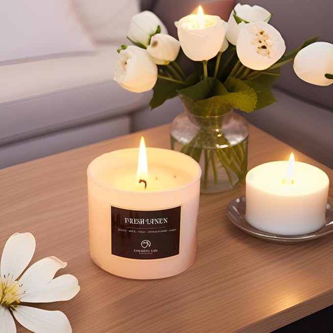 Chloefu LAN Fresh Linen Candles Laundry Candles Non-Toxic Air Freshening Scented Candle Decorative Pet Odor Eliminator for Home Luxury Scented Soy Jar Candle for Bathroom Decor 7.1 oz 2 Pack - Bloomnest