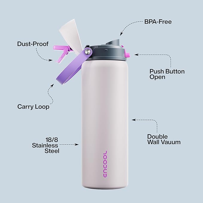 Insulated Water Bottle with Straw - Encool Stainless Steel Water Bottle with Push Button Lid, Leak-Proof & BPA-Free, Keeps Cold for 24 Hours for Sports, Travel, Gym (32 oz, Oyster Pink) ENCOOL