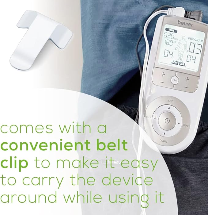Beurer EM44 TENS Unit Muscle Stimulator with 50 Intensity Levels for Muscle Pain Relief, Muscle Stimulator Includes 4 Electrode TENS Pads, Belt Clip, and Batteries with Tens Machine BeurerNorthAmerica